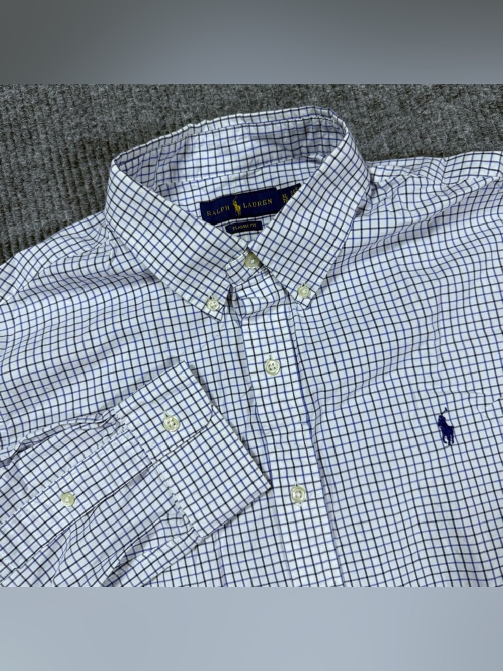 Ralph Lauren Button Down Shirt Mens XL White Blue Plaid Classic Fit Tattersall